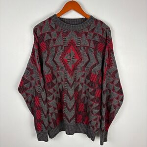 VINTAGE CROSSINGS MEN'S GEOMETRIC KNIT SWEATER LARGE GREY RED